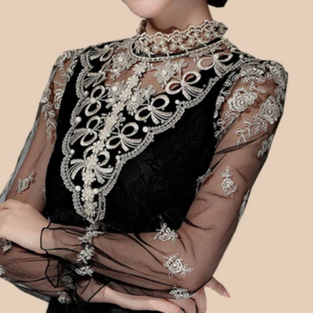 NWOT Gorgeous Black Blouse with Metallic Gold Embroidery and Beading